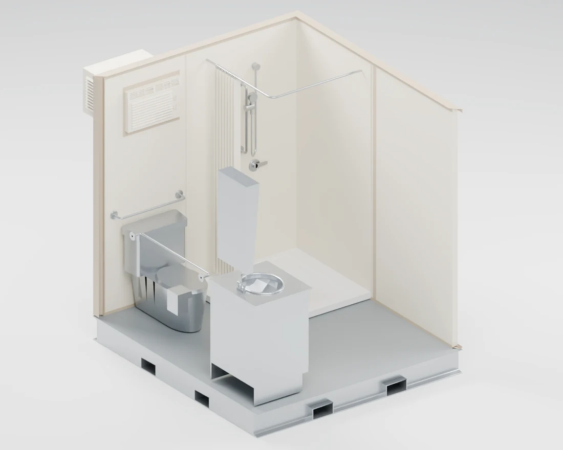 Bathrooms pod cutaway showing the selected equipment and entrance