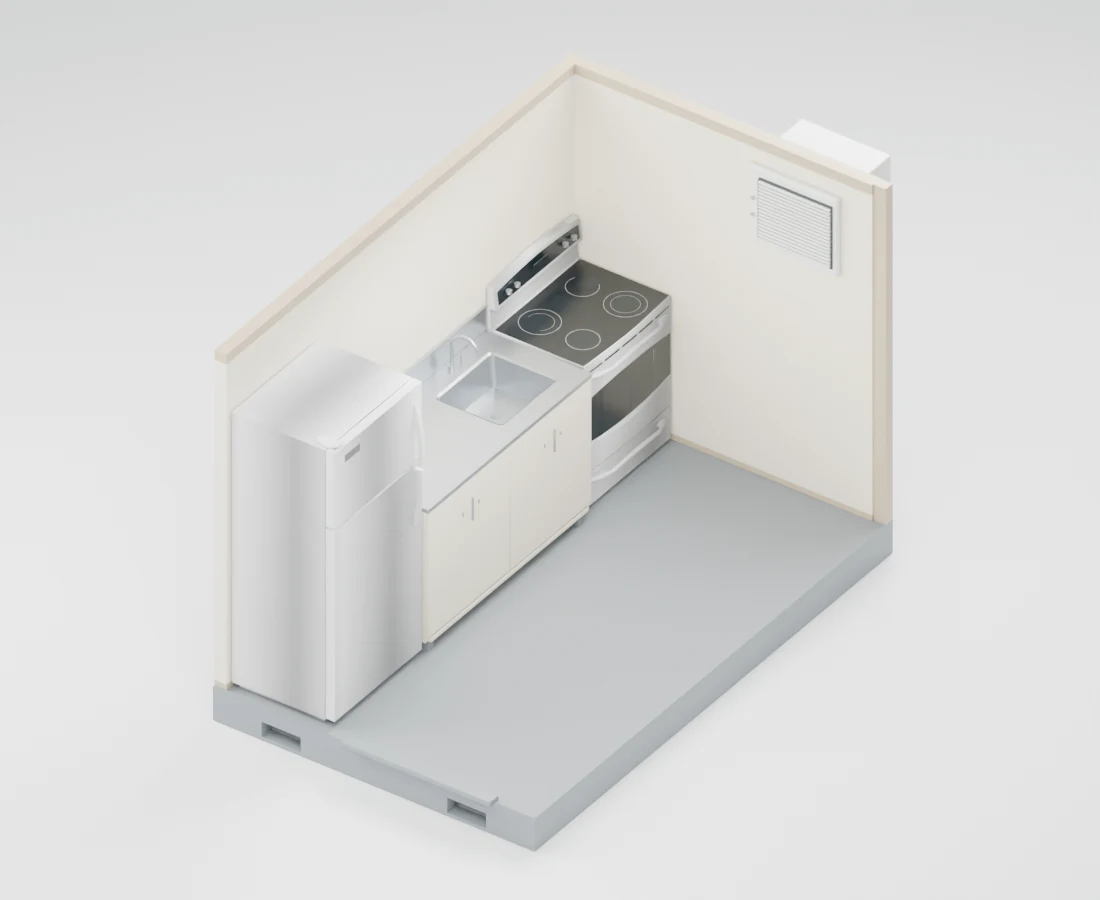 Kitchen pod cutaway showing the selected equipment and entrance