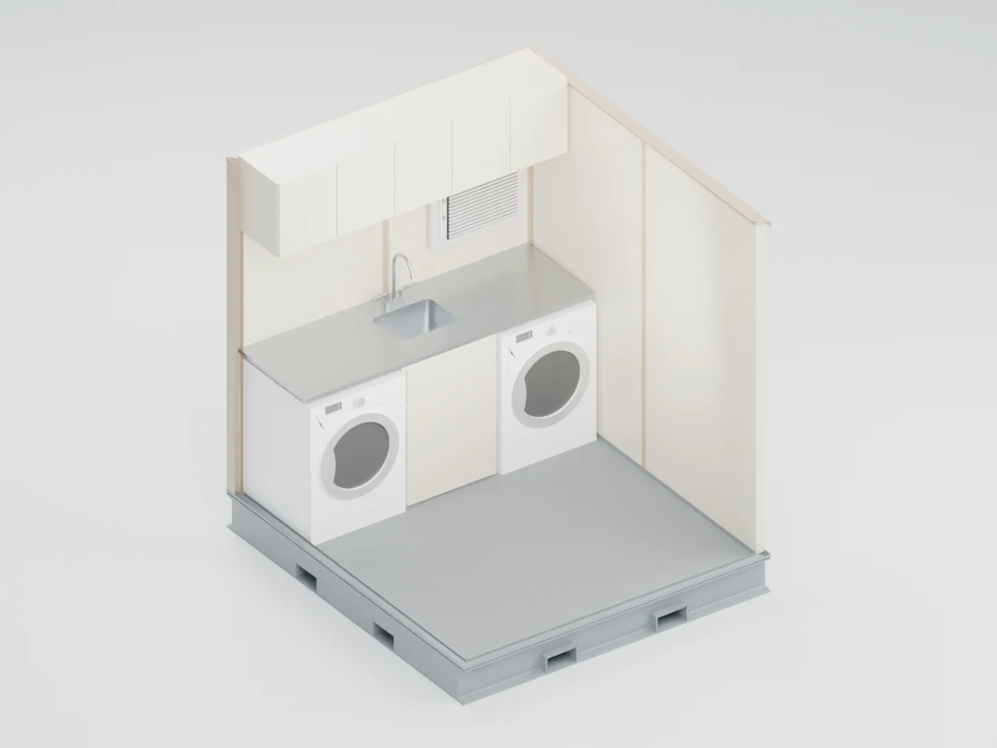 Laundry pod cutaway showing the selected equipment and entrance