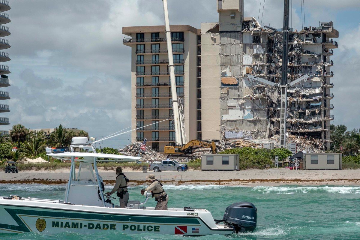 FORTS shelters at the Surfside response site, with a Miami-Dade Police boat in the foreground